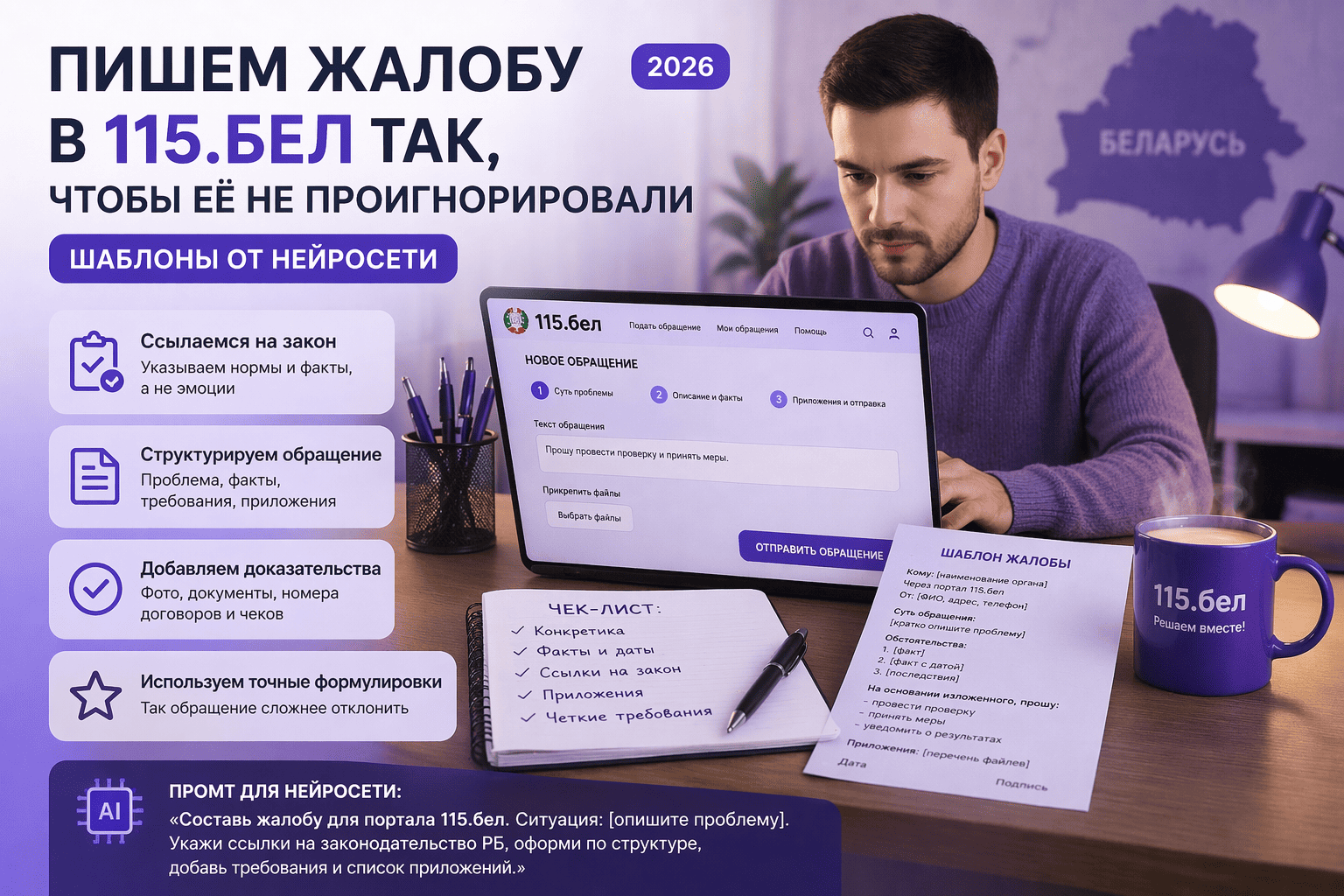 Пишем жалобу в 115.бел так, чтобы её не проигнорировали: шаблоны от нейросети (Беларусь, 2026)