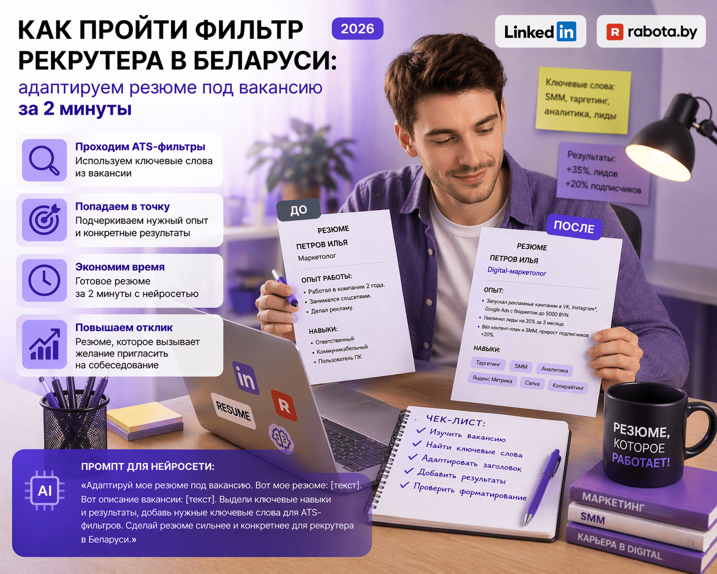 Как пройти фильтр рекрутера в Беларуси: адаптируем ваше резюме под вакансию за 2 минуты (LinkedIn, Rabota.by, 2026)