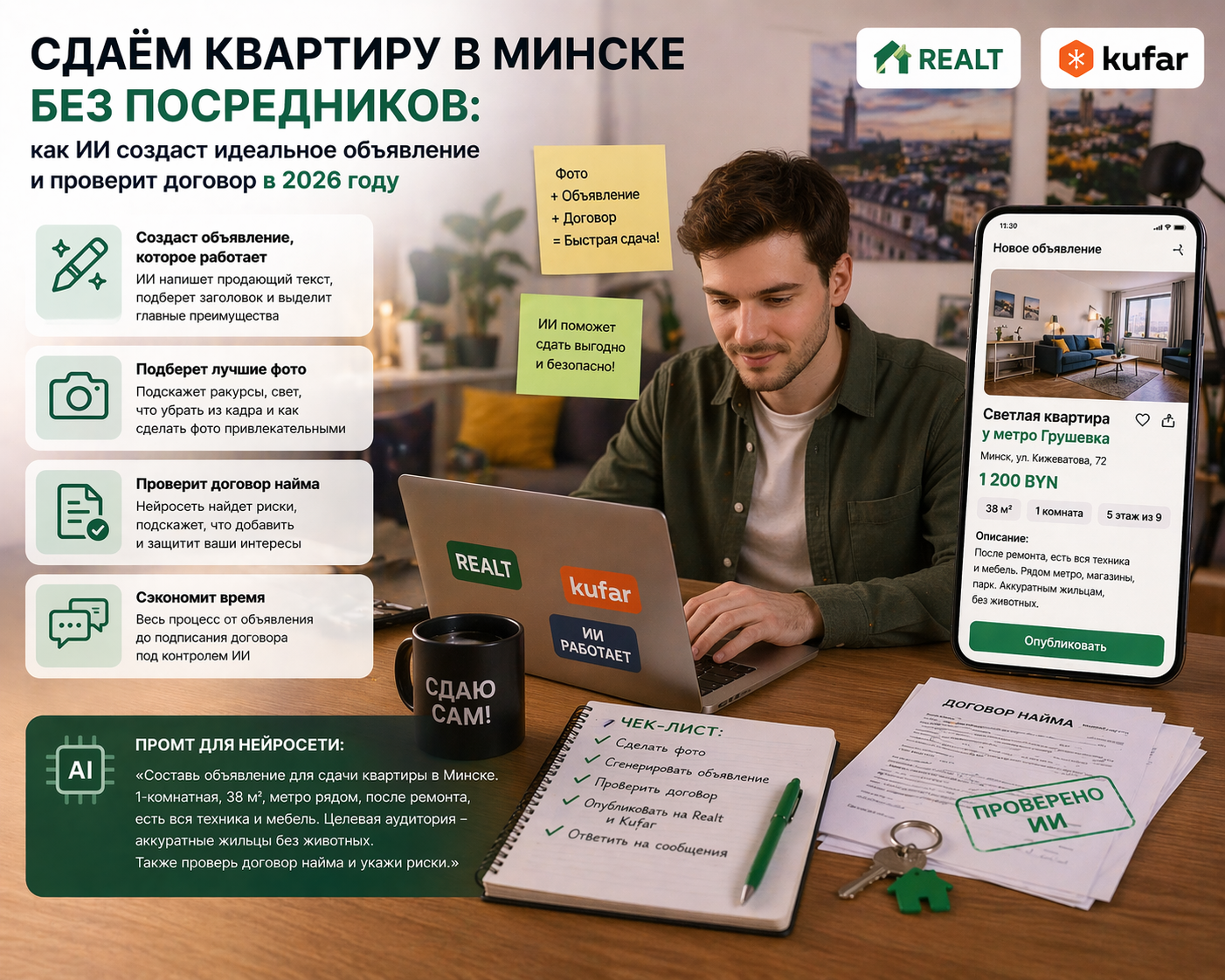 Сдаем квартиру в Минске без посредников: как ИИ создаст идеальное объявление и проверит договор (Realt, Kufar, 2026)