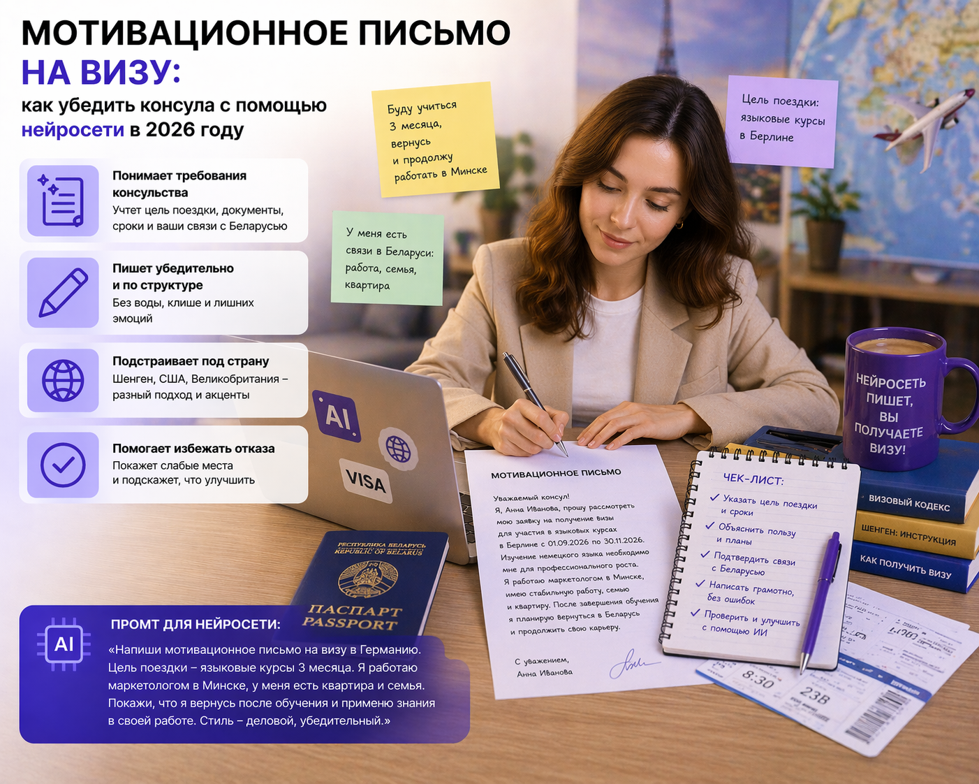 Мотивационное письмо на визу: как убедить консула с помощью нейросети (Беларусь, 2026)